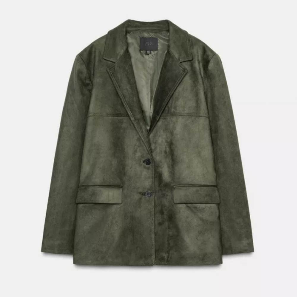 Zara Faux Suede Forest Green Oversized Blazer Jacket Sz-M
